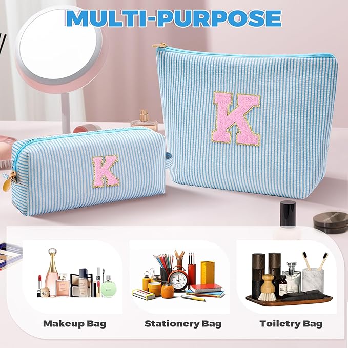 Btffitting Monogrammed Gifts for Women - Cosmetic Bag for Teen,Initial Cute Makeup Bag Set for Women,Trendy Pouch for Niece Sister Friend Female Her,Birthday Gifts for Daughter - Blue,K