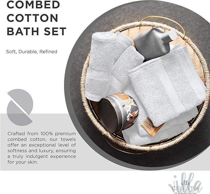 Villa Celestia 100% Cotton Bath Towel Set of 12-4 Bath Towels, 4 Hand Towels, 4 Wash Cloths, Sustainable, Soft, Highly Absorbent, Combed Cotton 12 Piece Set for Hotels, Spa, Bathroom, Dorm, White