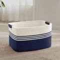 SunNewt 60L Large Laundry Basket with Leather Handles for Living Room Storage, Woven Rope Baskets Bin for Blanket, Kids Toy, Gifts, Wicker Hamper for Bedroom Dirty Clothes, 21"x15"x11" White Navy