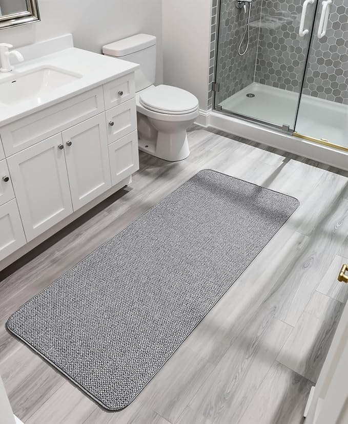 Bosap Bath Mat,Ultra Thin Bathroom Runner Rugs,Large Bath Mats for Bathroom,Quick Dry,Non-Slip,Machine Washable,Low Pile,Bath Rug,Shower Outside,Sink,Home Decor Accessories.Grey,2'x5'（24x60inch）