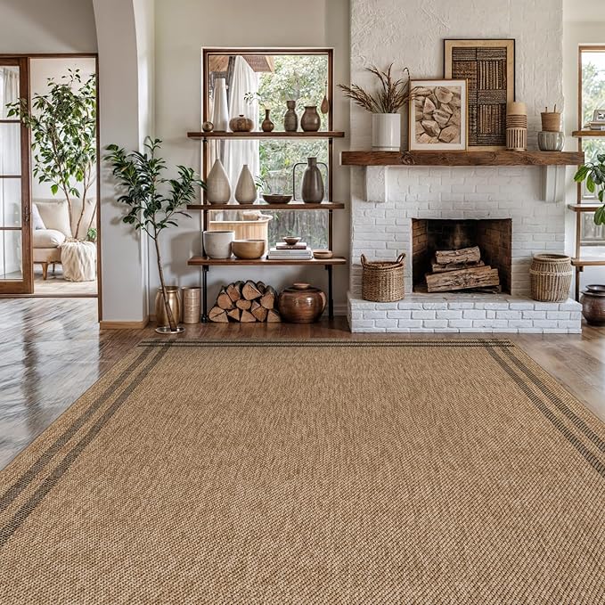 Easy Jute Rugs 9x12 Bordered Natural Color Living Room Indoor Outdoor Area Rug for Patio and Kitchen Rug High Traffic Washable Easy to Clean Solid Boho Woven Design Outside Carpet (9 x 12)