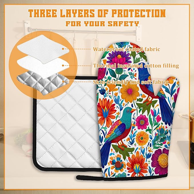 Colorful Bird Oven Mitts and Pot Holders,Flowers Mexican Style Heat Resistant Oven Mitts Gloves and Pot Holder for Home Kitchen Decorations Cooking Baking BBQ Gifts,Set of 4