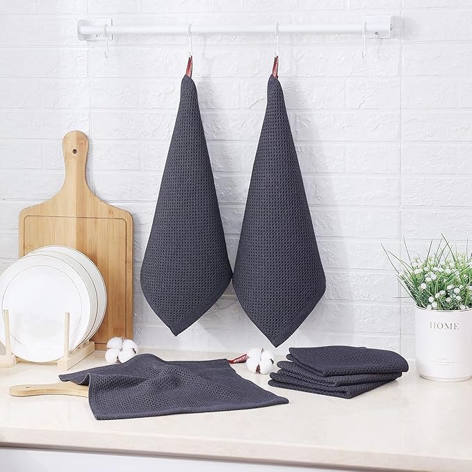 FreeNook 100% Cotton Waffle Weave Kitchen Towels, 6 Pack Dish Cloths for Washing Dishes, Ultra Soft Absorbent Dish Towels, Quick Drying Kitchen Rags, 12x12 Inches, Dark Grey