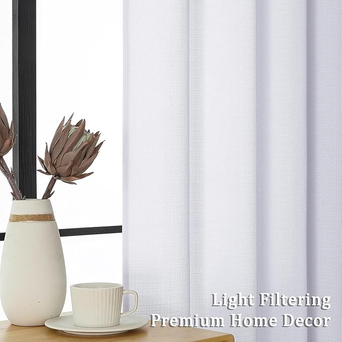 Lecloud Bessie White Curtains 84 Inches Long 2 Panels, Airy Faux Linen Textured Light Filtering Privacy Drapes with Rod Pocket, Soft Home Windows Decor for Living Room Bedroom, Each 50" W x 84" L