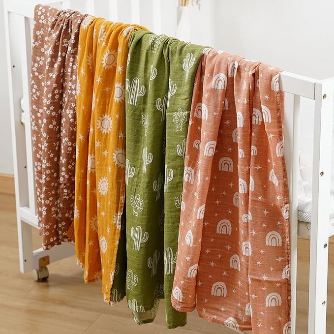 CoolaPeach 4 Set Muslin Swaddle Blankets for Newborn Baby Boys, Girls,Receiving Blankets-Cute Soft Print Baby Towel Wrap 120x110cm Baby(Cactus)