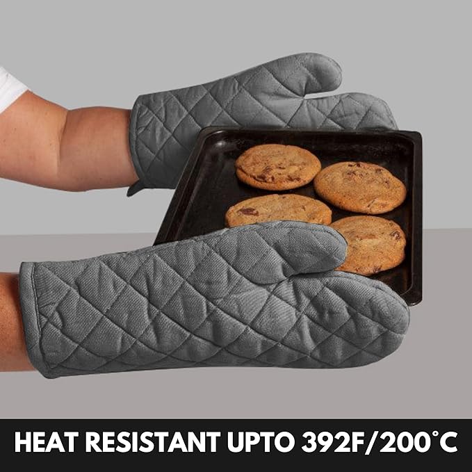 Oven Mitts + Pot Holders 100% Cotton Heat Resistant Oven Gloves (7"x13") & Hot Pads (8"x8") for Gifts Cooking BBQ Baking Grilling - Grey
