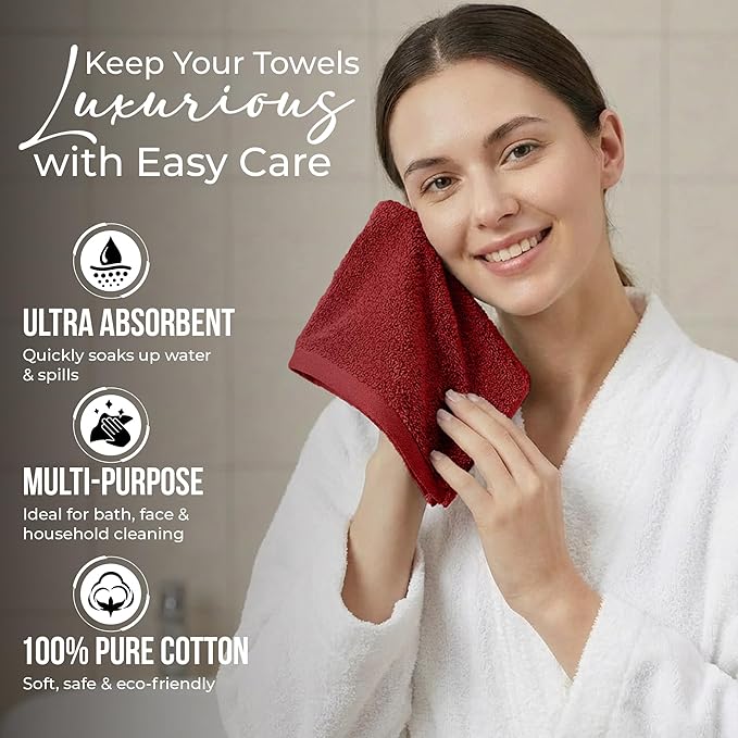 RIVERSIDE 24 Pack Washcloths Set - 100% Cotton [12x12 Inches] - 500 GSM, Soft, Quick-Dry & Highly Absorbent Face Towels - Perfect for Bathroom, Gym, Hotel, Spa & Travel - Red