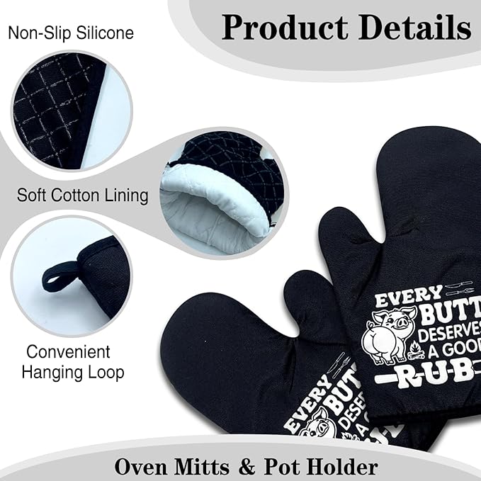 2 Pack Funny BBQ Oven Mitts for Men, Pig Pork BBQ Heat Resistant Silicone Non-Slip Mitts, Christmas Birthday Gifts for Dad Husband, Humor Kitchen Gifts for Men Chef Friend Pig Pork Lovers