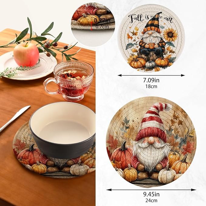 Autumn Gnome Trivet Mat 2PCS Fall Leaves Pumpkin Round Woven Potholders Kitchen Table Countertop Protector Hot Pads Farmho