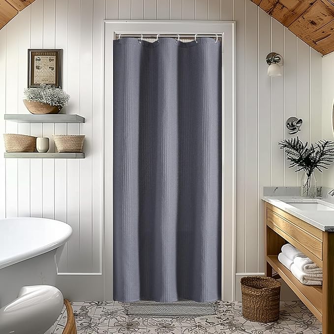 OVZME Stall Fabric Shower Curtain Set - 36x72, Waffle Weave 230GSM Heavy Duty Small Stall Shower Curtains for Narrow Stall Size, Machine Washable Bath Curtain with 12 Plastic Hooks, 36x72 Inch, Grey