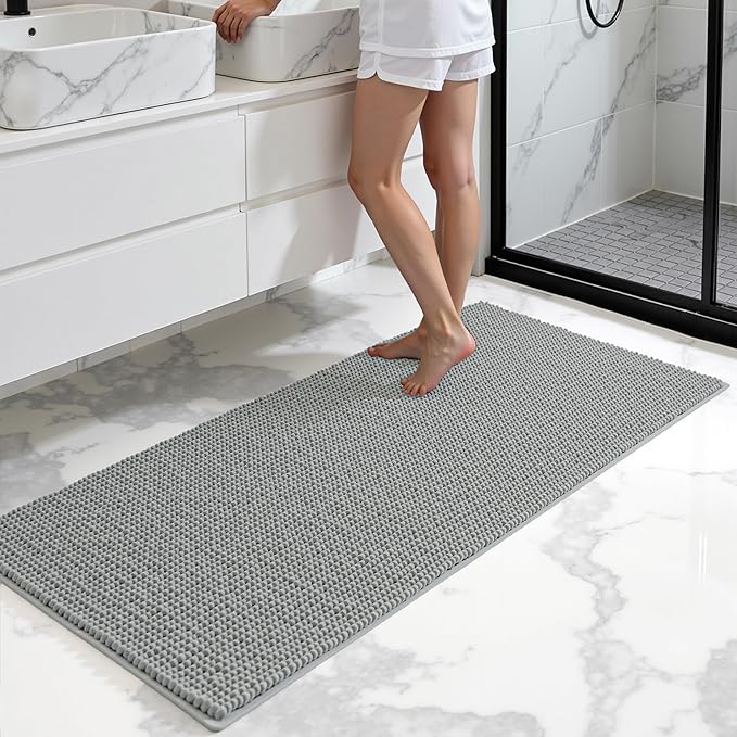 SUBRTEX Bathroom Rugs, 24" x 60" Chenille Bath Rug Soft Short Plush Bath Mat Soft Shower Mat Water Absorbent Shower Mat Quick Dry Machine Washable, Light Gray