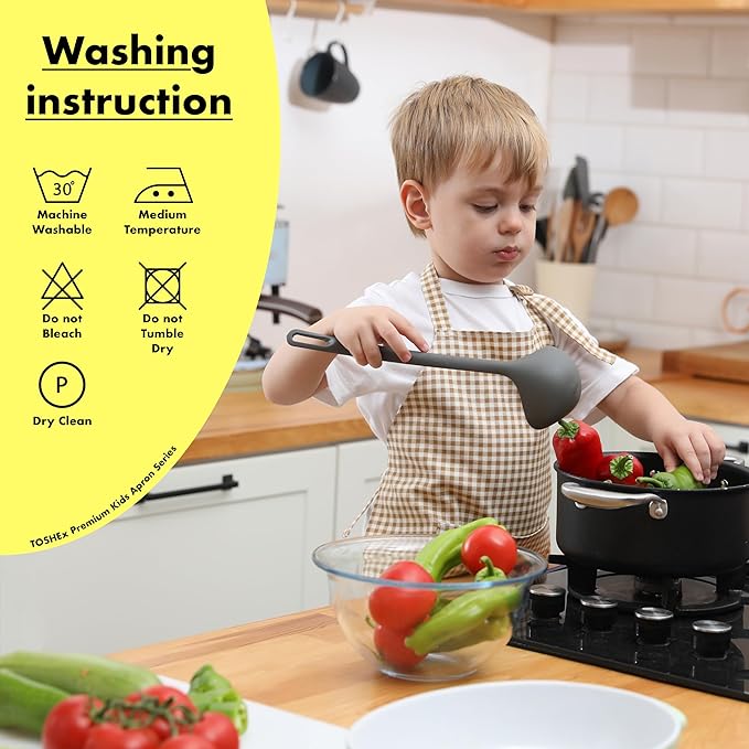 Kids Aprons for Cooking Waterdrop Resistant Aprons for Girl & Boy Toddler Apron for Painting, Gardening, Baking, Smock (Plaid Brown, Medium (6-10 years)