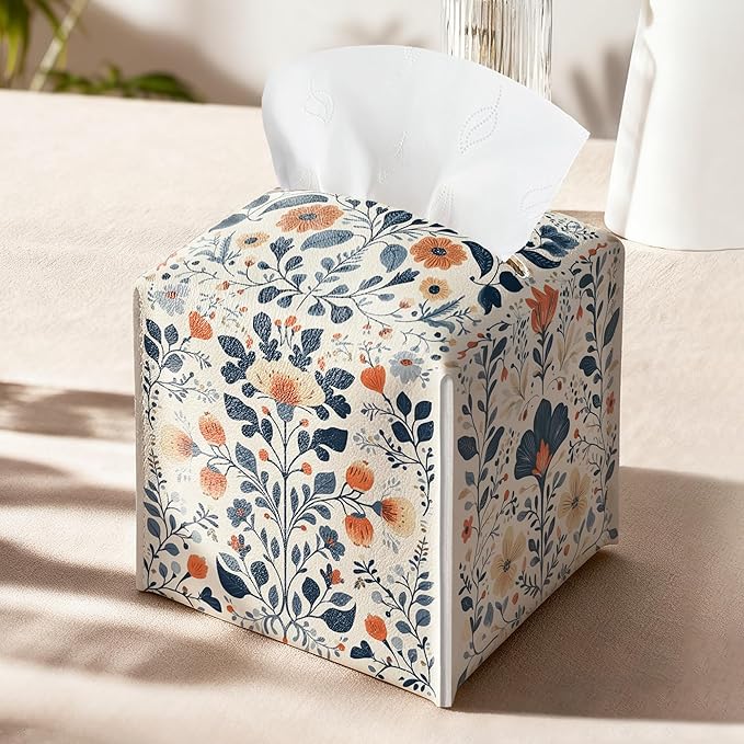 Floral Tissue Box Holder, Scandinavian Leather Tissue Box Cover Square, Paper Napkins Everyday Dispenser for Bathroom Vanity Countertop Night Stands Kitchen Office Car Home Decor