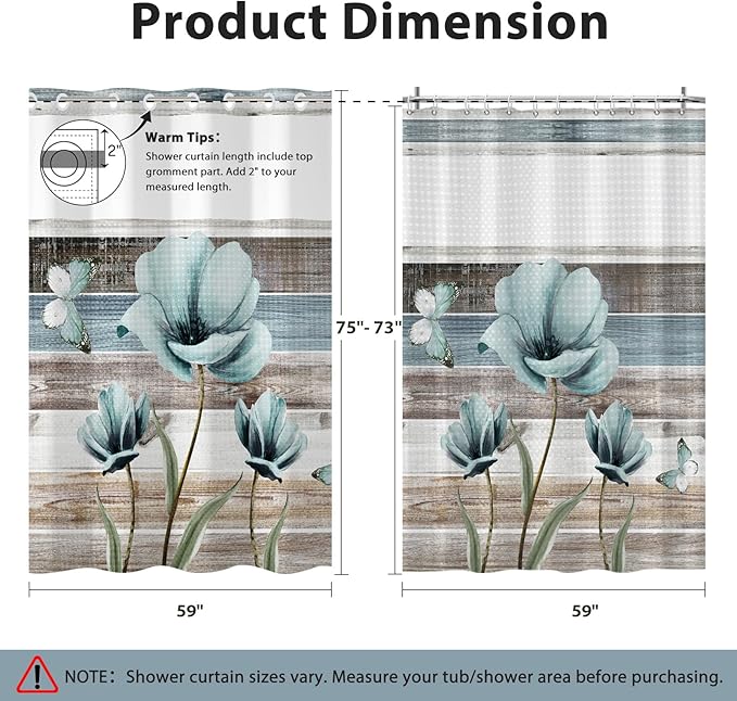 GICDSU No Hook Shower Curtain with Snap in Liner, Waffle Shower Curtain Set for Bathroom, Turquoise Floral Style with Semi-Sheer Top Window, Waterproof & Washable, 59" W x 75" L