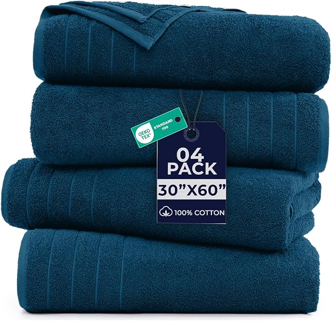 DAN River Extra Large Bath Towels Set of 4, 30 x 60 Inches - 100% Cotton Larger & Lighter Weight Towels for Bathroom - Quicker to Dry, Super Soft & Highly Absorbent Towels for Home, Blue Opal