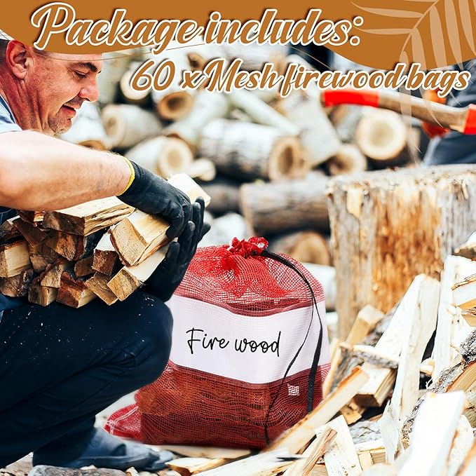 GliCraft 60 Pcs Onion Bags Reusable Mesh Produce Storage with Drawstring Firewood Bags Onion Potato Storage Sacks for Garden Vegetable Fruit Produce Packaging Supplies (22 x 28 Inch)