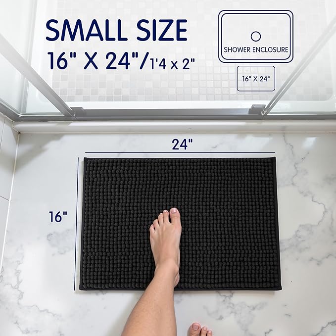 SUBRTEX Bathroom Rugs Chenille Bath Rug Soft Short Plush Bath Mat Soft Shower Mat Water Absorbent Shower Mat Quick Dry Machine Washable(Black,16" x 24")