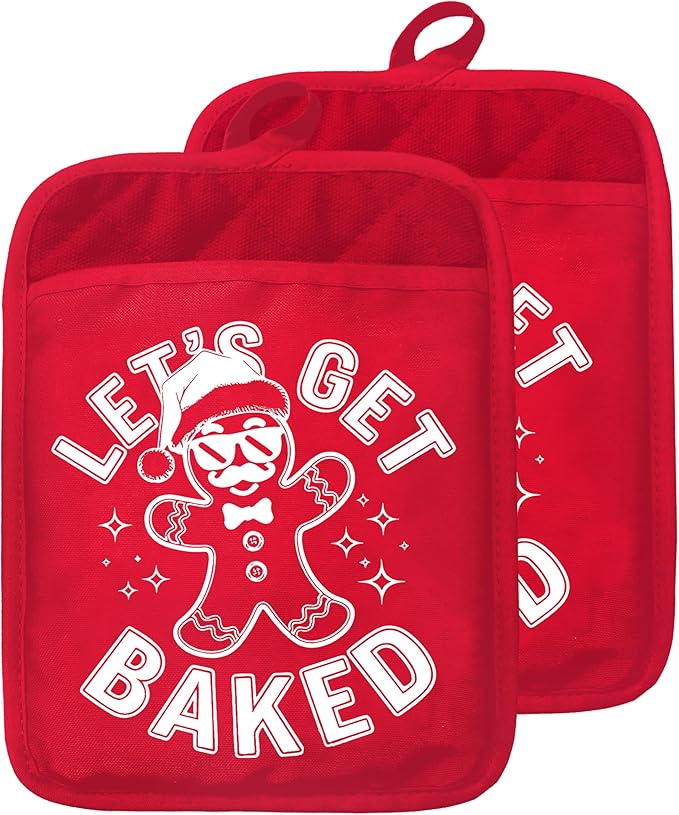Funny Gingerbread Christmas Baker Pot Holders with Pockets, Let's Get Baked Christmas Gingerbread Man Oven Pot Holders Heat Resistant Oven Mitts Hot Pads for Kitchen Baking Cooking