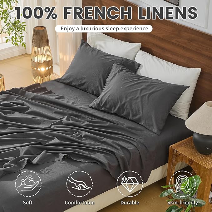 Bedlifes 100% French Pure Linen Sheets King Size Breathable and Cooling Flax Sheet Set Soft Durable and Moisture Wicking 16 Inch Deep Pocket-4 Piece(King,Dark Grey)