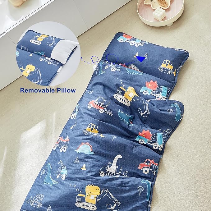 Cotton Toddler Nap Mat for Boys,Roll Up Slumber Bags Dinosaur Pattern,Toddler Nap Mat with Removable Pillow and Blanket, Kids Sleeping Mat for Daycare,Preschool and Kindergarten-Navy Blue ﻿