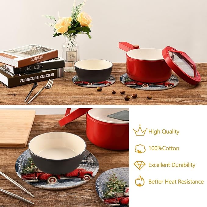 Boccsty Winter Red Truck Trivet Mat 2PCS Snowflake Christmas Tree Dog Cardinal Bird Round Woven Potholders Kitchen Table Countertop Protector Hot Pads Farmhouse Coasters Counter Mats for Cooking Baki