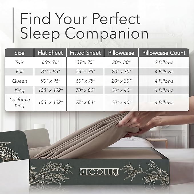 DECOLURE 100% Viscose Derived from Bamboo Sheets Queen Size - Luxury 6 Pc Naturally Cooling Sheets, Ultra Soft Bed Set - Deep 17" Pockets, Durable Double Stitching, Oeko Tex Standard (Taupe)