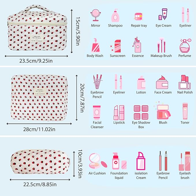 Cozomga Quilted Makeup Bag, Large Capacity Travel Cosmetic Bag for Women and Girls, Aesthetic Storage for Daily and Travel Use (3pcs-Wildstrawberry)