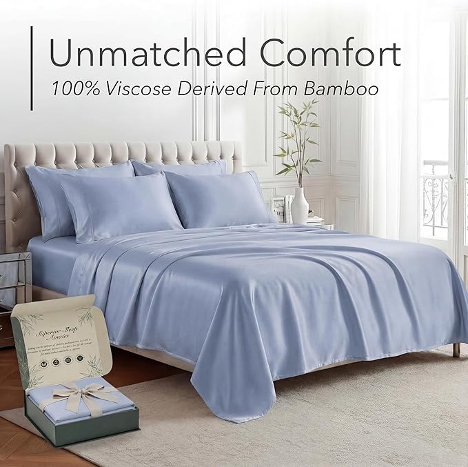 DECOLURE 100% Viscose Derived from Bamboo Sheets Queen Size - Luxury 6 Pc Naturally Cooling Sheets, Ultra Soft Bed Set - Deep 17" Pockets, Durable Double Stitching, Oeko Tex Standard (Light Blue)