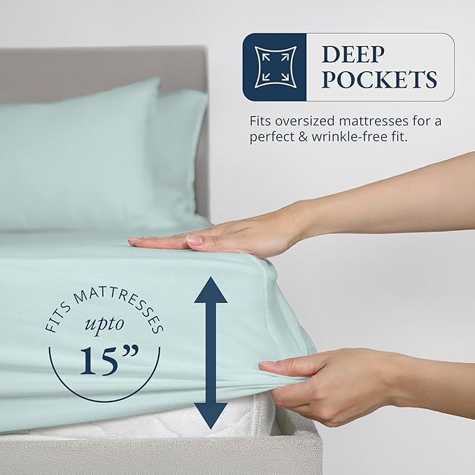 LANE LINEN Queen Size Fitted Sheet 100% Organic Cotton, Percale Weave, Low Pill Fade Resistant Eco Friendly Fully Elasticized Snug Fit Deep Pocket Queen Fitted (+Pillowcases) - Cool Blue