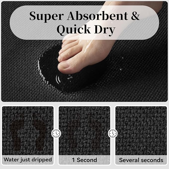 MontVoo Bath Mat Rug-Ultra Thin Non Slip Bath Mats for Bathroom Mat Quick Dry, Rubber Backing Washable Bathroom Rugs Fit Under Door, Absorbent Bath Rugs for Floor,17"x24",Black