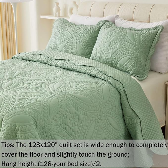 Cmfshape Oversize King Bedspread 128"x120",3 Piece California King Quilt,Lightweight Green Quilt Set for All Season,Modern Coin Pattern Bedding Set