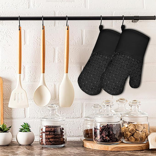 2 Pcs Oven Mitts Heat Resistant for Kitchen, Kitchen Oven Gloves, Long Oven Mitts and Pot holder with Non-Slip Silicone Stripe and Soft Cotton Lining, Silicone Oven Mitts for Cooking Baking BBQ Gloves