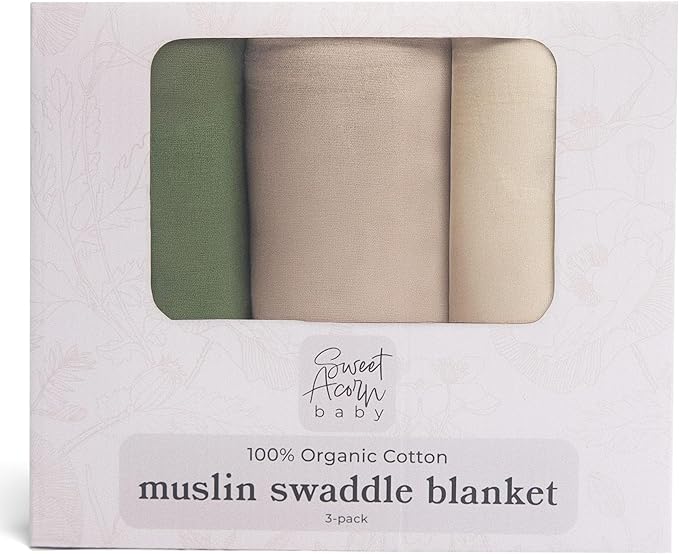 Sweet Acorn Muslin Swaddle Blanket – Soft Cotton Muslin Baby Blanket for Newborns, Infants, and Toddlers, All-Season Comfort Baby Essential - Green, Grey, White
