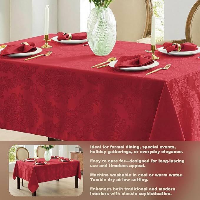 Newbridge Barcelona Damask Fabric Tablecloth, 70 Inch Round, Red – No Iron, Soil Resistant Table Cover for Dining, Parties and Holidays
