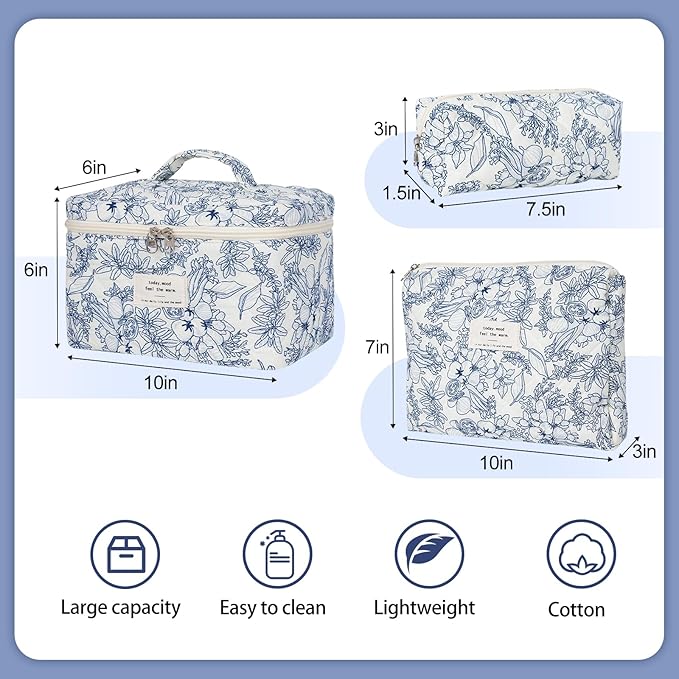 SXS LACONIC Quilted Makeup Bag,Large Cosmetics Bag Set,Coquette Floral Make up Pouch,Travel Toiletry Bag for Women
