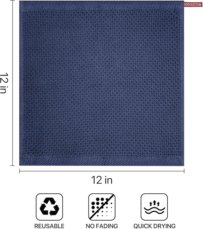 FreeNook 100% Cotton Waffle Weave Kitchen Towels, 6 Pack Dish Cloths for Washing Dishes, Ultra Soft Absorbent Dish Towels, Quick Drying Kitchen Rags, 12x12 Inches, Dark Blue