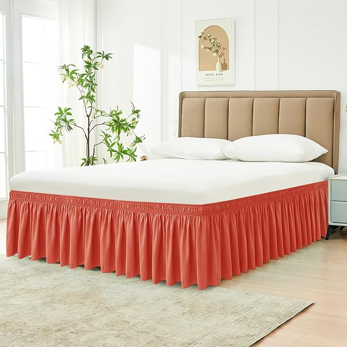 Biscaynebay Wrap Around Bed Skirts for Full & Full XL Beds 15" Drop, Coral Adjustable Elastic Dust Ruffles with Adjustable Belts Silky Luxrious Fabric Machine Washable