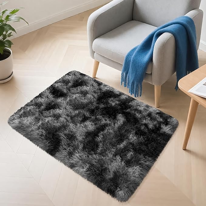2x3 ft Shaggy Small Black Rug, Tie Dye Soft Fluffy Carpet Bedside Fuzzy Area Rug Non-Slip Bottom for Nursery Kids Bedroom Door Indoor Dog Mat Living Room Home Decor Aesthetic