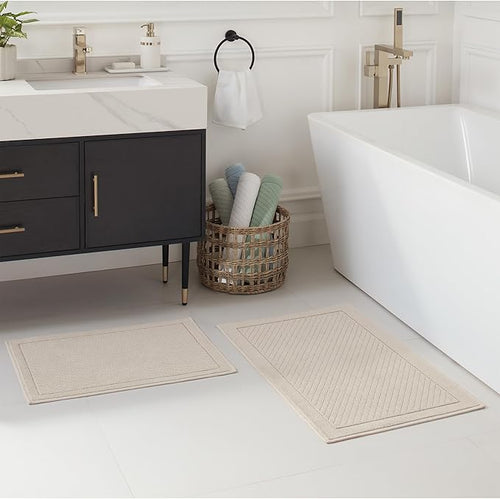 Arkwright 100% Cotton Bathroom Rug - High Absorbent Stylish Textured Woven Design Bath Mat, Slip Resistant Backing for Shower and Bathtub Floor, 20x32 in - Beige