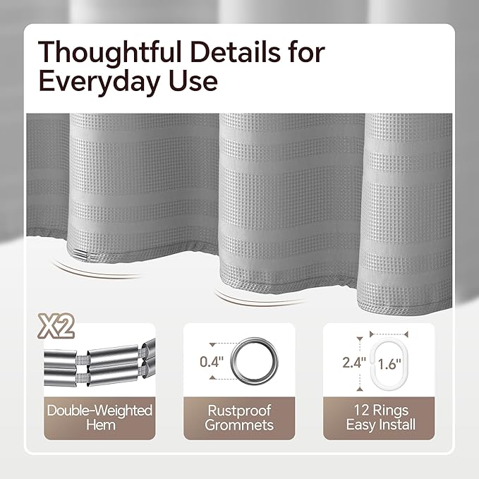 TURKIO Grey Shower Curtain Waffle Weave Shower Curtain Gray Striped Fabric Shower Curtains for Bathroom (72Wx72H, Gray)