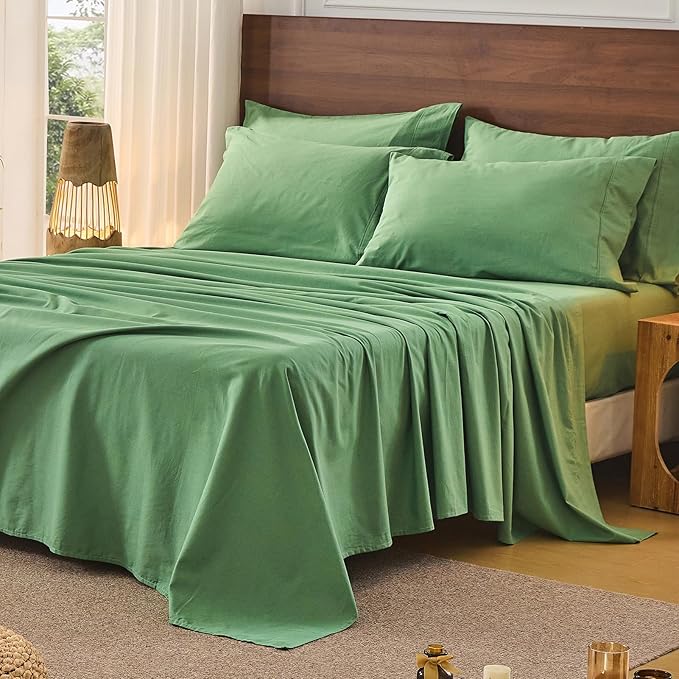 Bedlifes 100% French Pure Linen Sheets King Size Breathable and Cooling Flax Sheet Set Soft Durable and Moisture Wicking 16 Inch Deep Pocket-4 Piece(King,Sage Green)