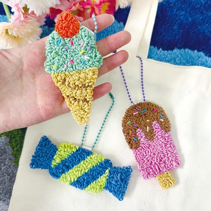 HAND U JOURNEY 3Pcs Embroidery Punch Needle Bachpack Charm Kit, Original Design with 2.2mm Punch Tool, Threads and Hoop. Random Color Chain (Icecream)