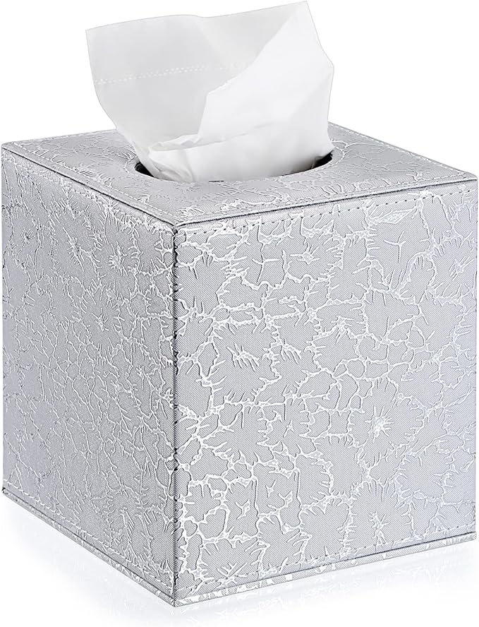Sumnacon Square Leather Tissue Box Cover - Stylish Cube Tissue Box Holder with Magnetic Bottom, Decorative PU Tissue Box for Vanity Dresser Night Stand Table Countertop Home Office Car, Silver