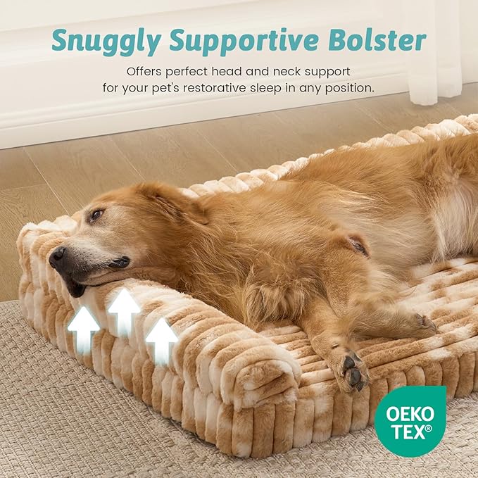 COZY KISS Cute Dog Bed, Faux Rabbit Fur Orthopedic Foam Dog Bed with Sides, Removable Washable Cover & Waterproof Lining, Comfortable Pet Couch for Large Dogs, Tie-Dye Brown (44" L x 32" W x 7" Th)