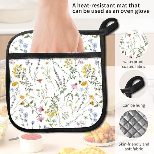 2 Pack Pot Holders for Kitchen Clearance, Cute Hot Pads, Funny Oven Pot Holders, Potholders Sets for Kitchen Heat Resistant Beautiful Flowers