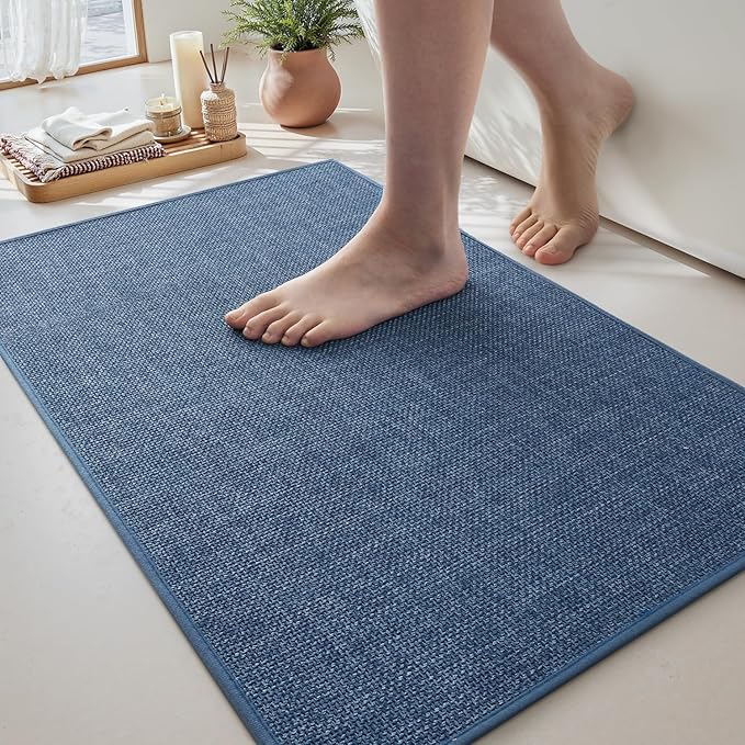 MontVoo Bath Mat Rug-Ultra Thin Non Slip Bath Mats for Bathroom Mat Quick Dry, Rubber Backing Washable Bathroom Rugs Fit Under Door, Absorbent Bath Rugs for Floor,17"x24",Blue