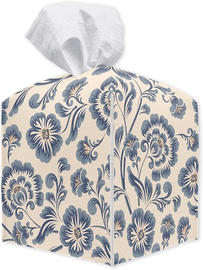 Vintage Blue Flowers Square Tissue Box Holder Cover, Floral Tissue Cube Box Organizer for Bathroom, Living Room, Office, Countertop, Car, Night Stands, Modern Home Desk Tabletop Decor - A08