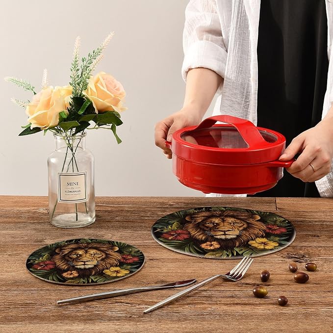 Lion Head Palm Leaves and Flowers 02 Trivets for Hot Dishes Pots and Pans Potholders Woven Trivet Cotton Round Large Pot Holder Decor Heat Resistant Hot Pads Mat for Table Counter Cooking Potho