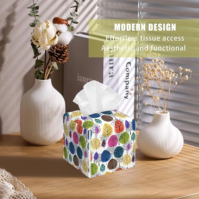 BLYKVGHQ Colorful Abstract Trees Tissue Box Cover Square, Tissue Box Holder with Bottom Belt Leather Facial Paper Organizer Dispenser for Bathroom Bedroom Dresser Night Stand Tabletop