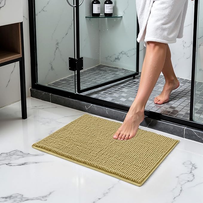 SUBRTEX Bathroom Rugs Chenille Bath Rug, Soft Short Plush Bath Mat, Water Absorbent Shower Mat, Quick Dry Machine Washable(Yellow, 16" x 24")